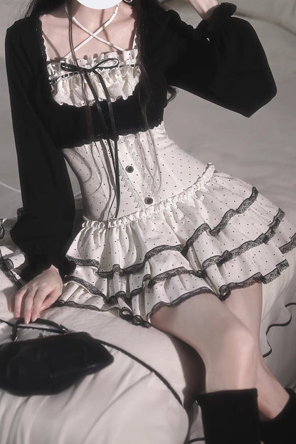 Polka Dot Knit Cardigan and Suspender Skirt Set