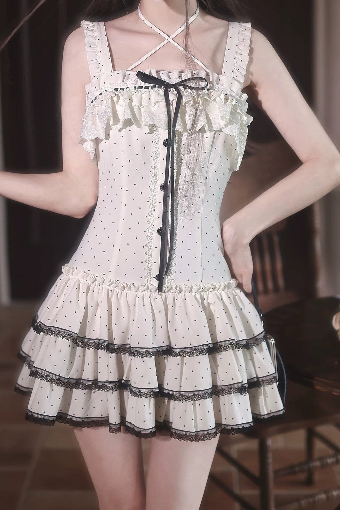 Polka Dot Knit Cardigan and Suspender Skirt Set