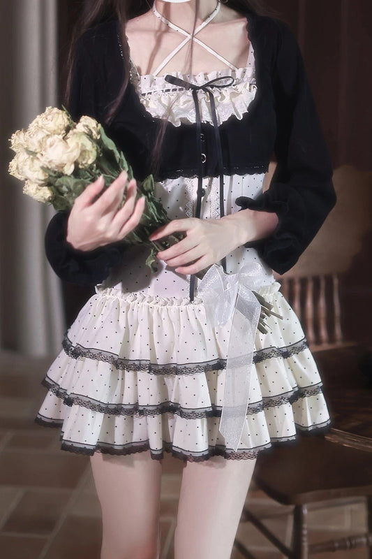 Polka Dot Knit Cardigan and Suspender Skirt Set