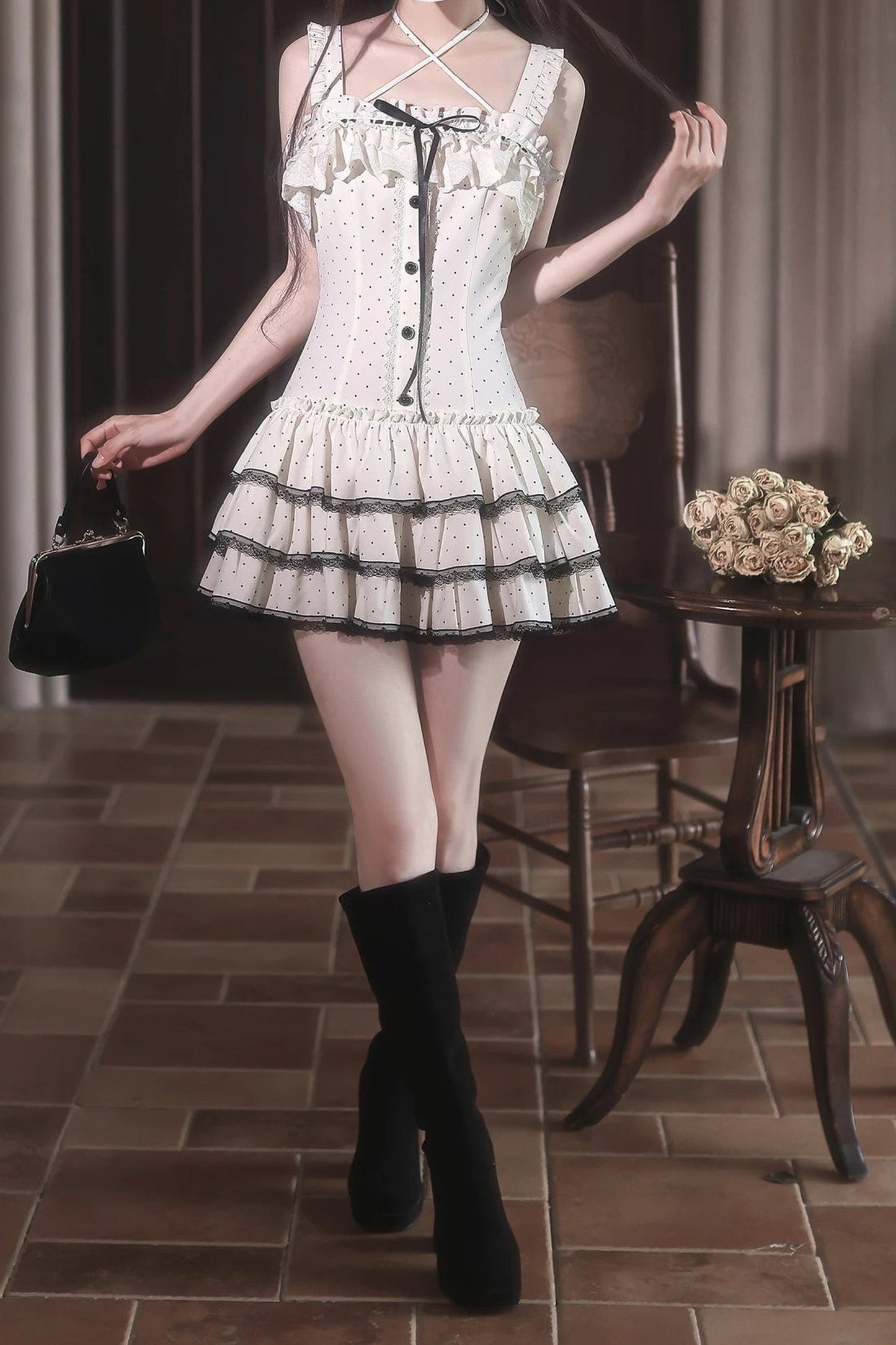 Polka Dot Knit Cardigan and Suspender Skirt Set