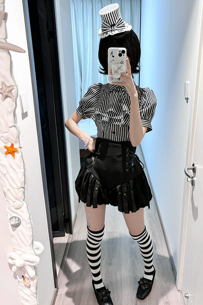 Gothic Striped Ruffle Short-Sleeve Shirt
