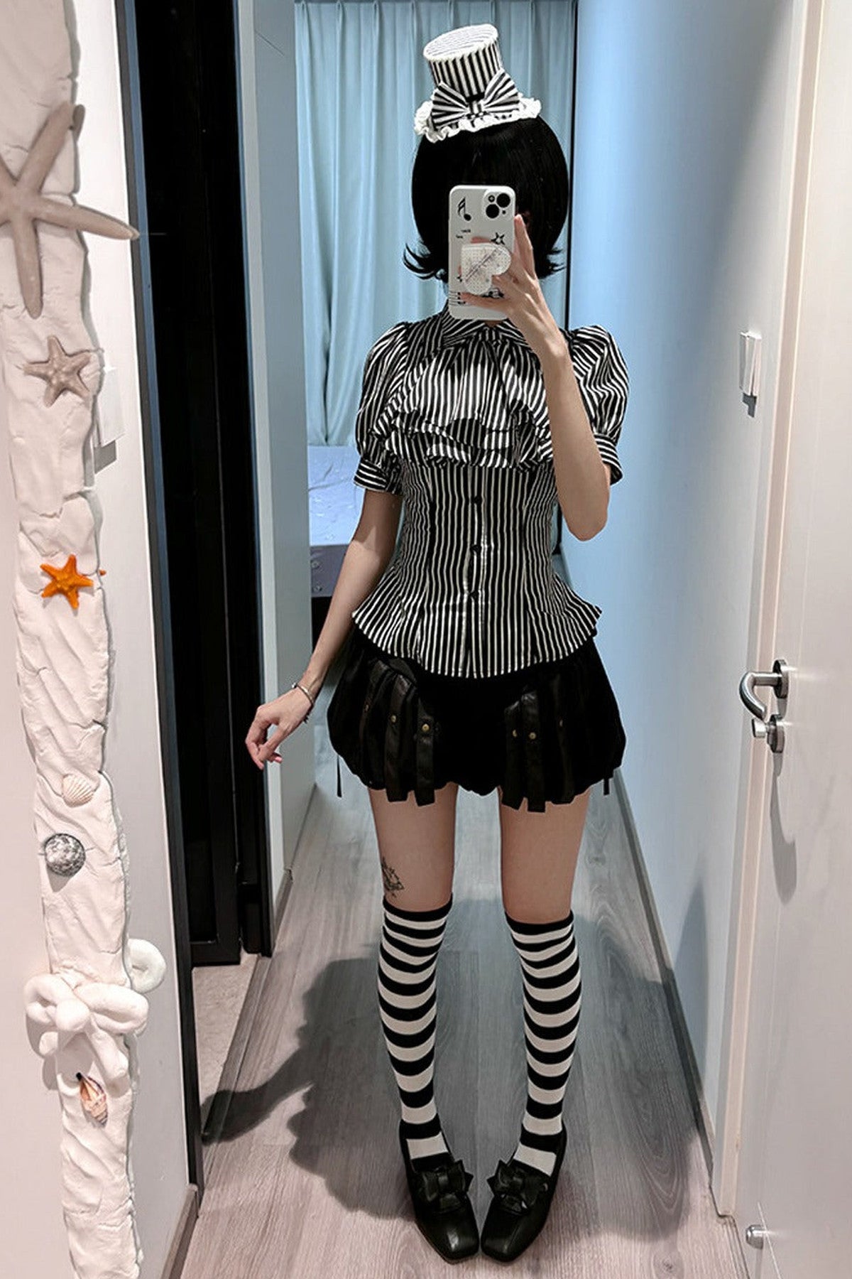 Gothic Striped Ruffle Short-Sleeve Shirt
