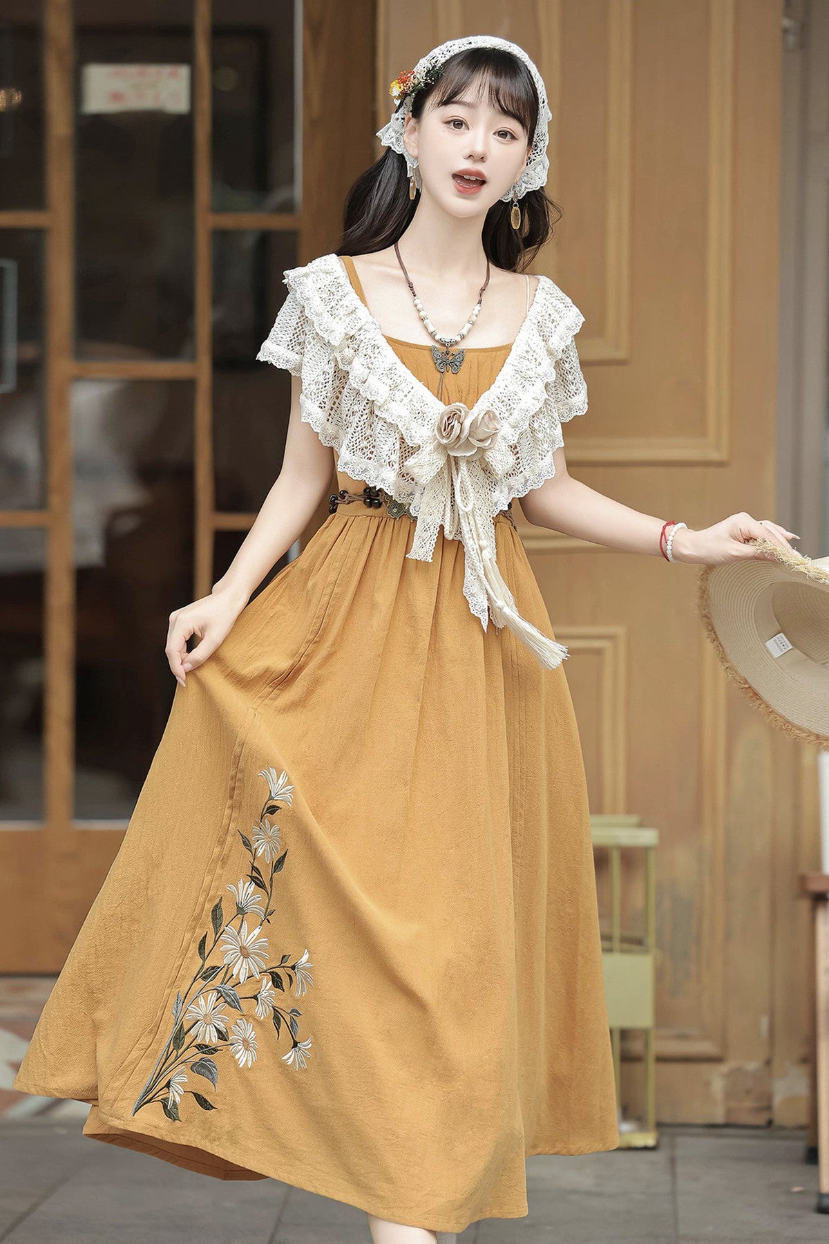 Ginger Yellow Suspender Dress and Lace Shawl Set
