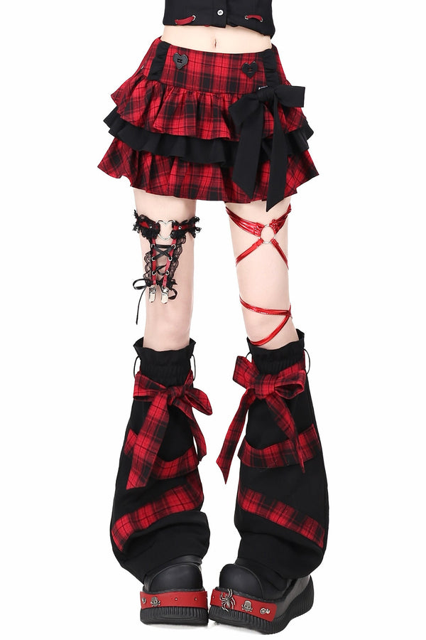 Plaid Bow Fluffy Cake Skirt With Leg Warmers Set