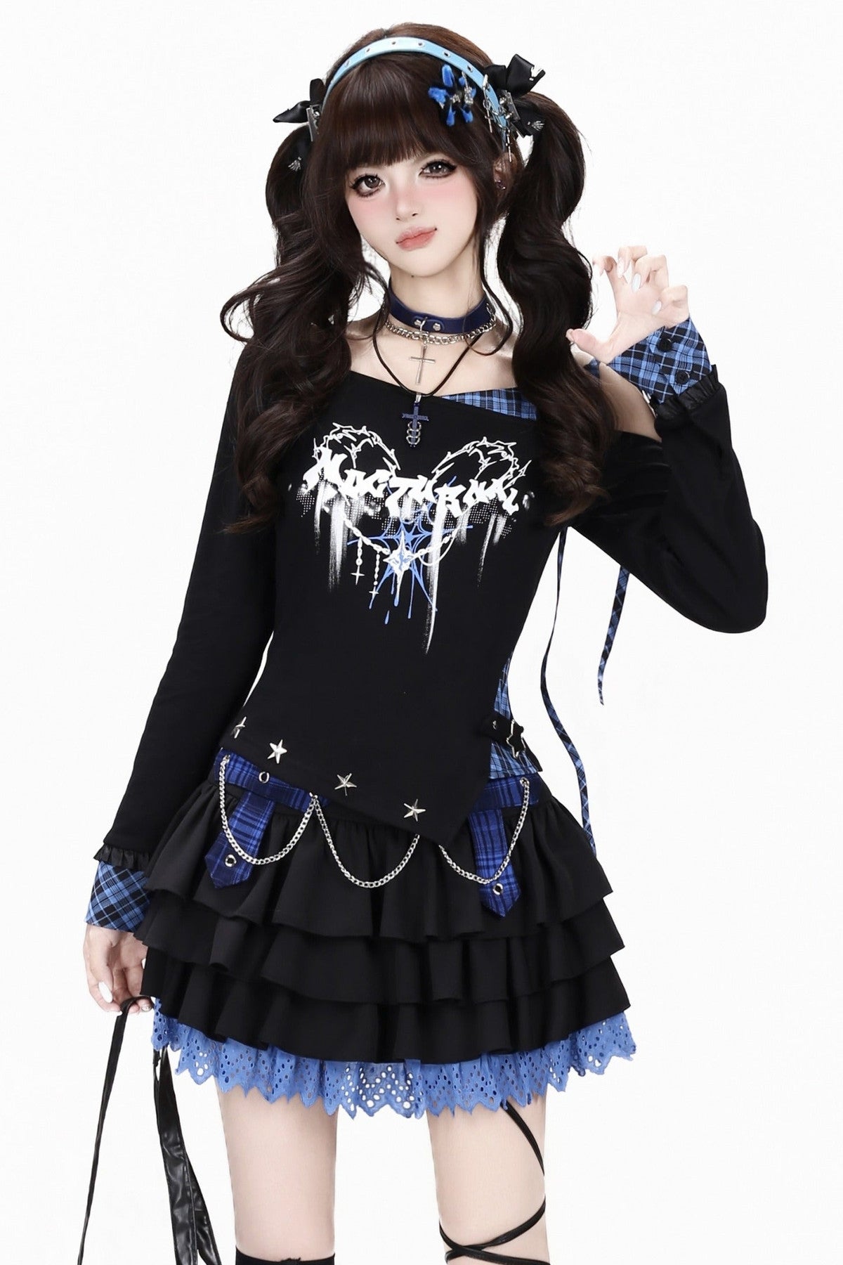 Asymmetrical Plaid Tie-Up Long Sleeve T-Shirt Set-Up