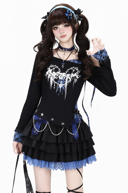 Asymmetrical Plaid Tie-Up Long Sleeve T-Shirt Set-Up