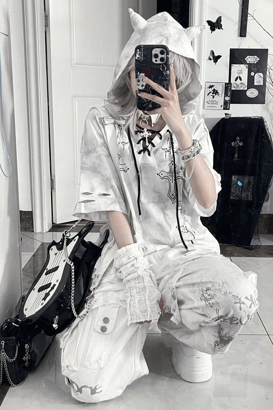 Dark Tie-Dye Short-Sleeve Hooded Pullover T-Shirt