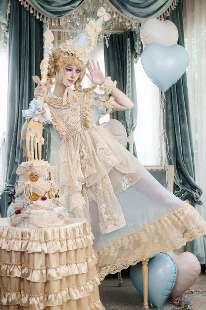 Cream Beige Doll-Like Lace Apron Dress