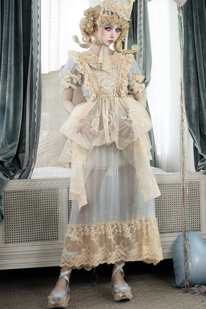 Cream Beige Doll-Like Lace Apron Dress