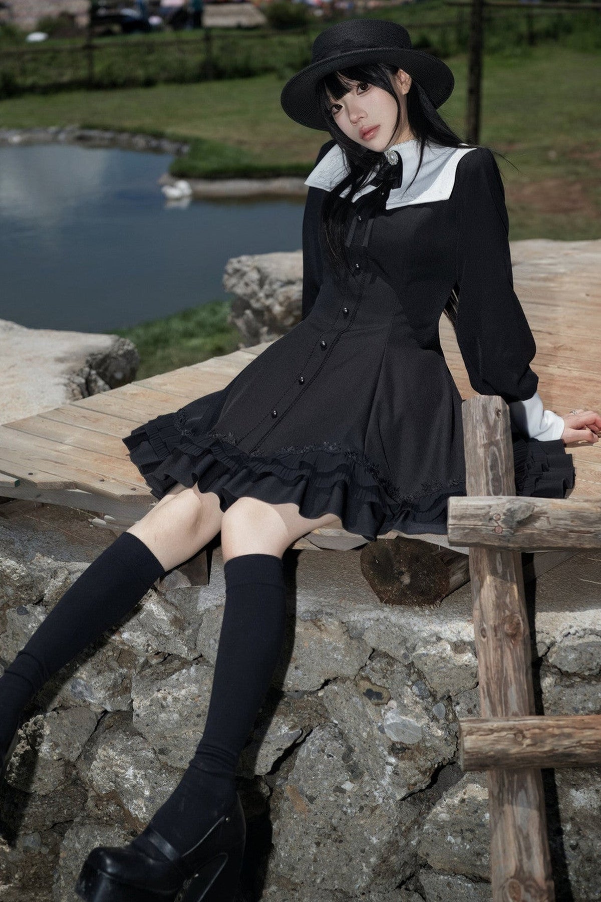 Gothic Puff Sleeve Nun Collar Dress