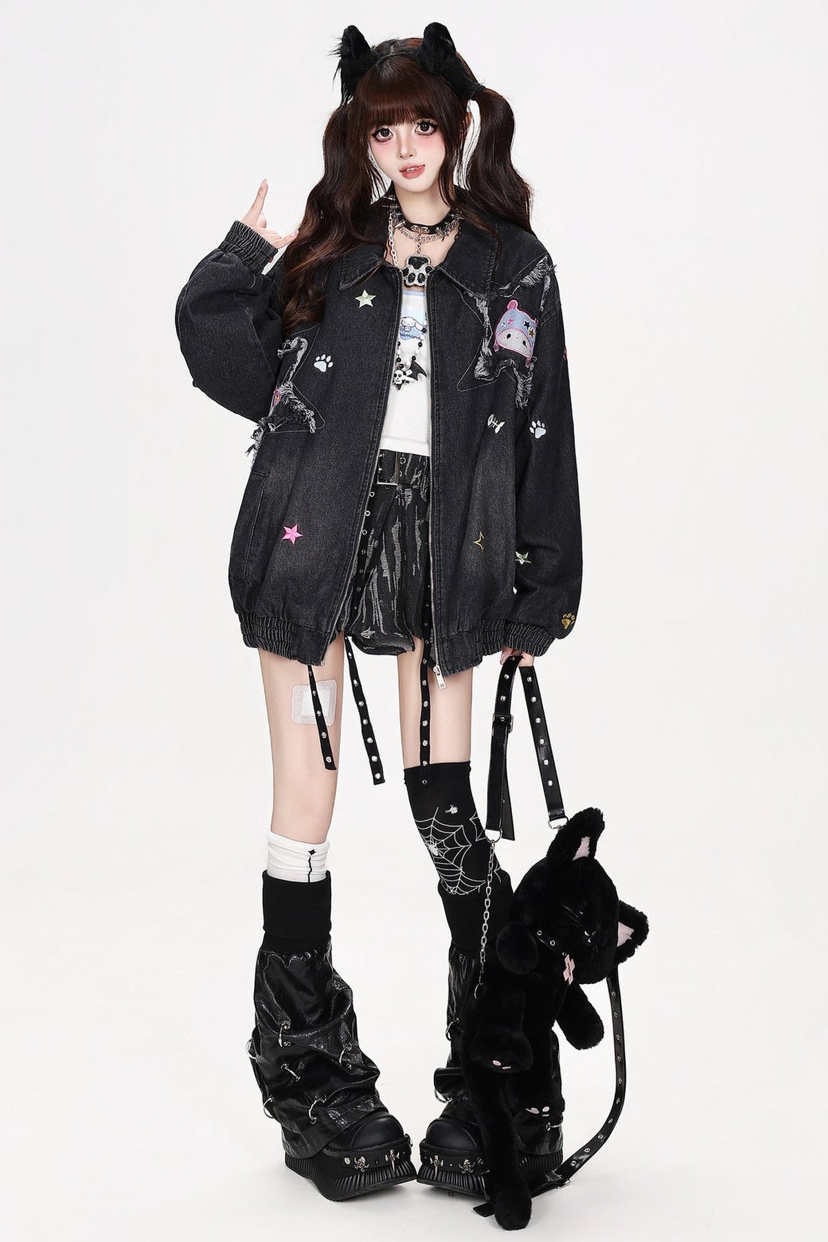 Jeansjacke mit Cartoon-Katzen-Patch