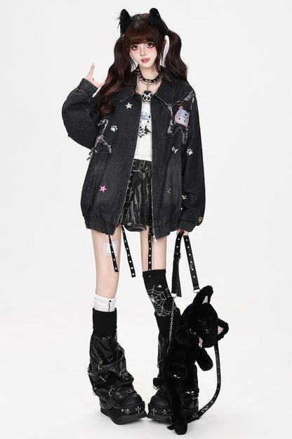 Jeansjacke mit Cartoon-Katzen-Patch
