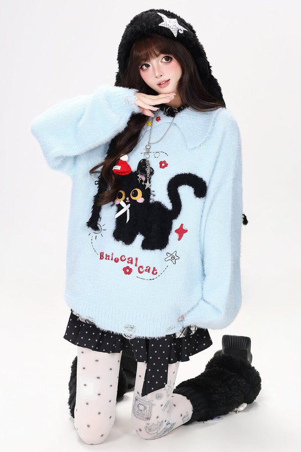 Black Cat Bow Knit Sweater