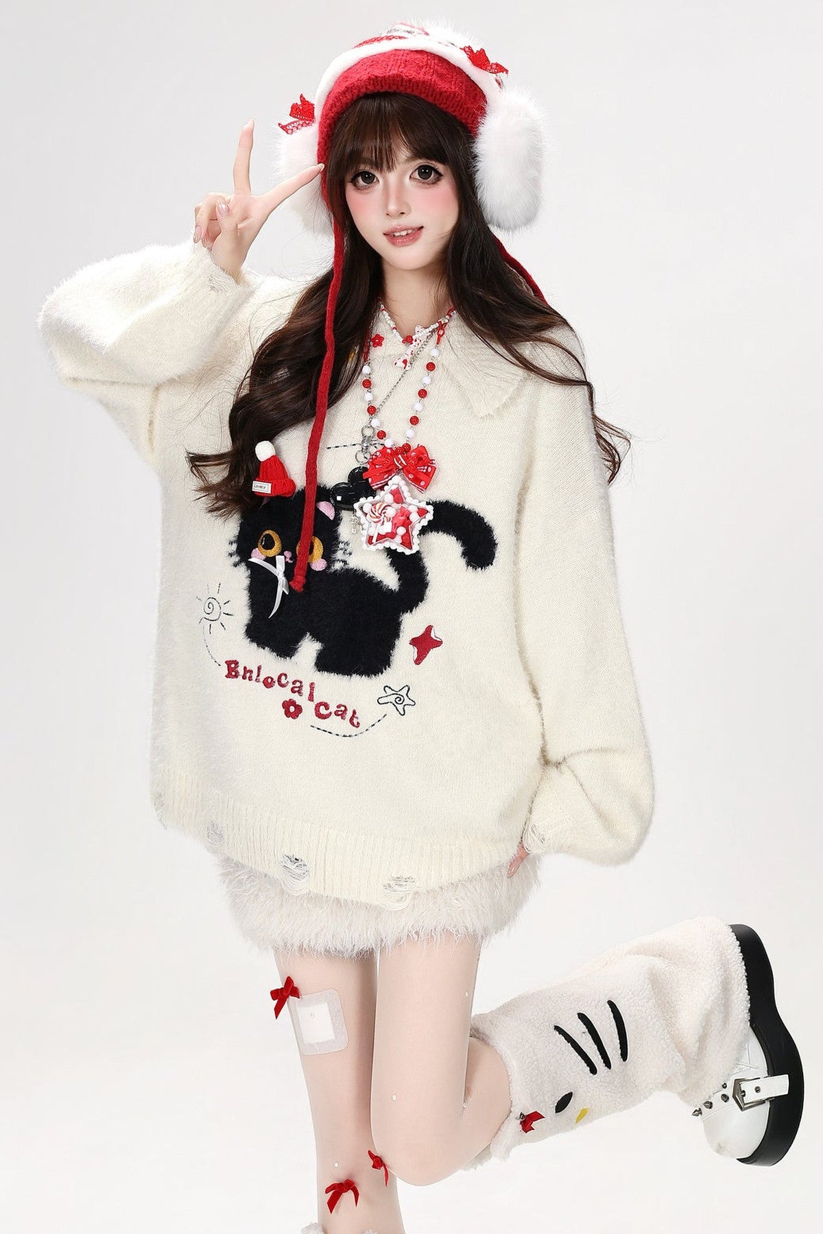 Black Cat Bow Knit Sweater