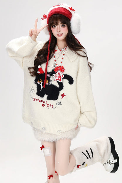 Black Cat Bow Knit Sweater