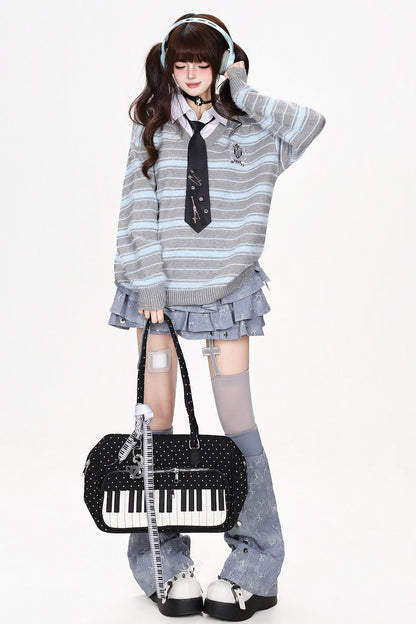Striped V-Neck Pullover Sweater