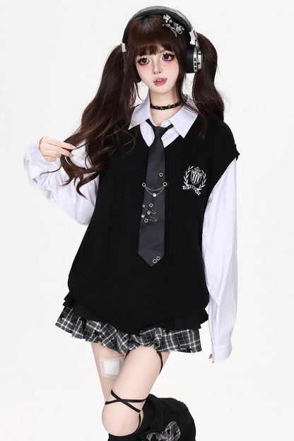 프레피 배지 자수 패치워크 조끼