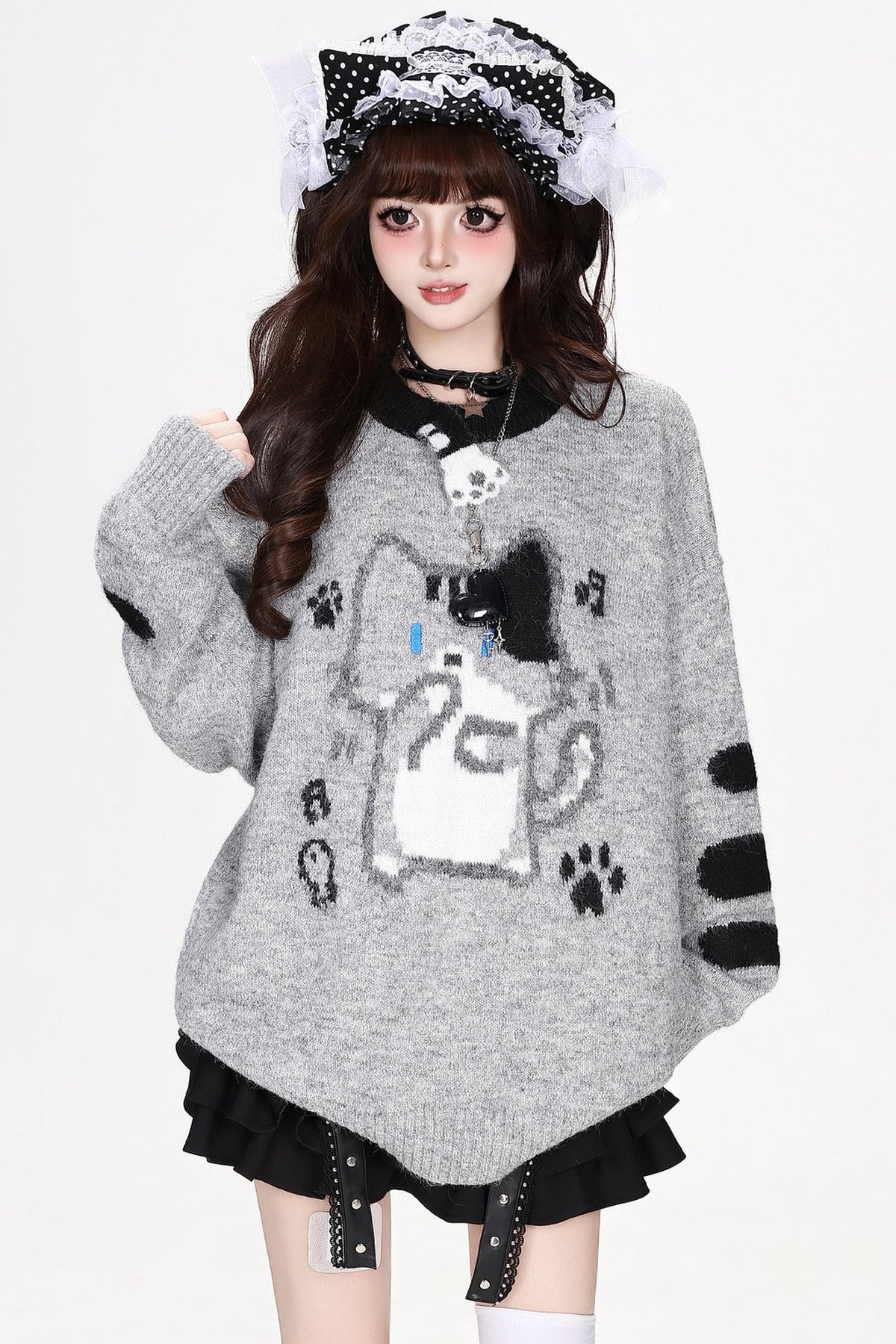 Cat Round-Neck Loose Knit Sweater
