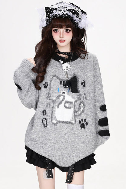 Cat Round-Neck Loose Knit Sweater