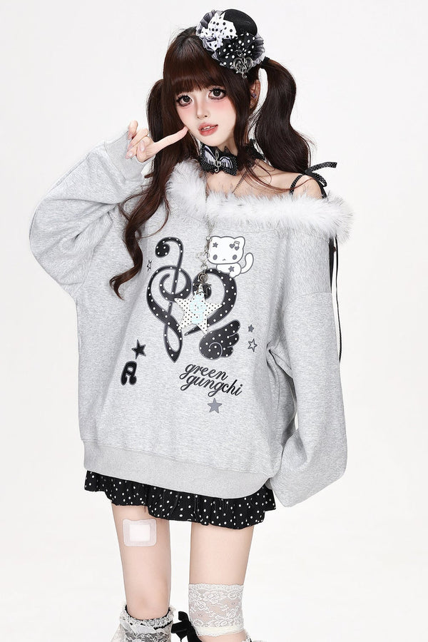 Heart Musical Note Print Off-Shoulder Fur Collar Sweatshirt