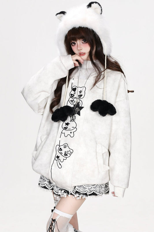 Cartoon Embroidery Tie-Dye Fur Collar Jacket