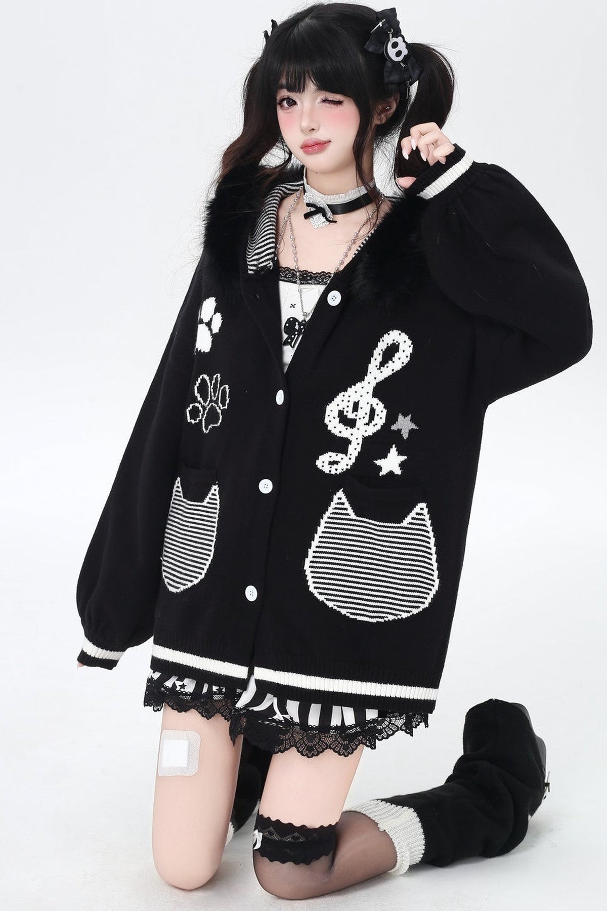 Cat Concerto Hooded Knit Cardigan