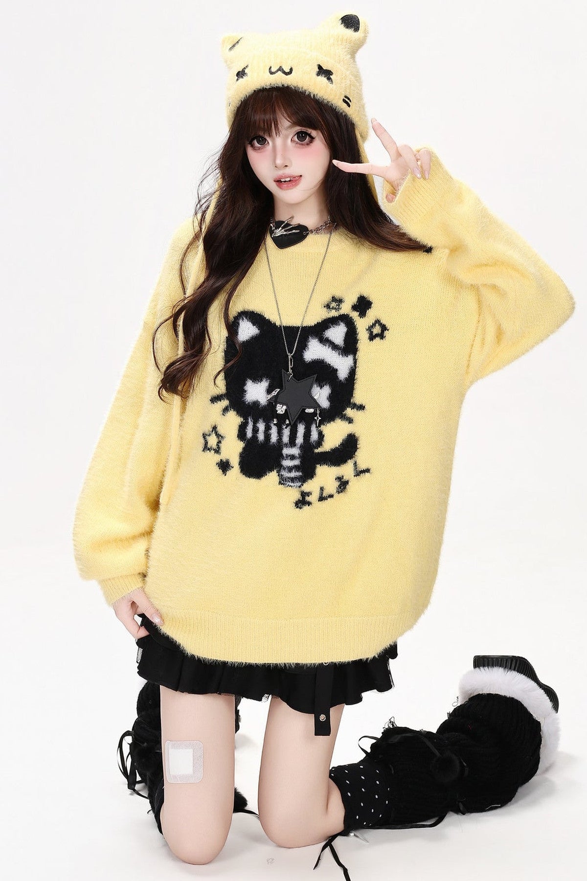 Cat Jacquard Loose Knit Pullover Sweater