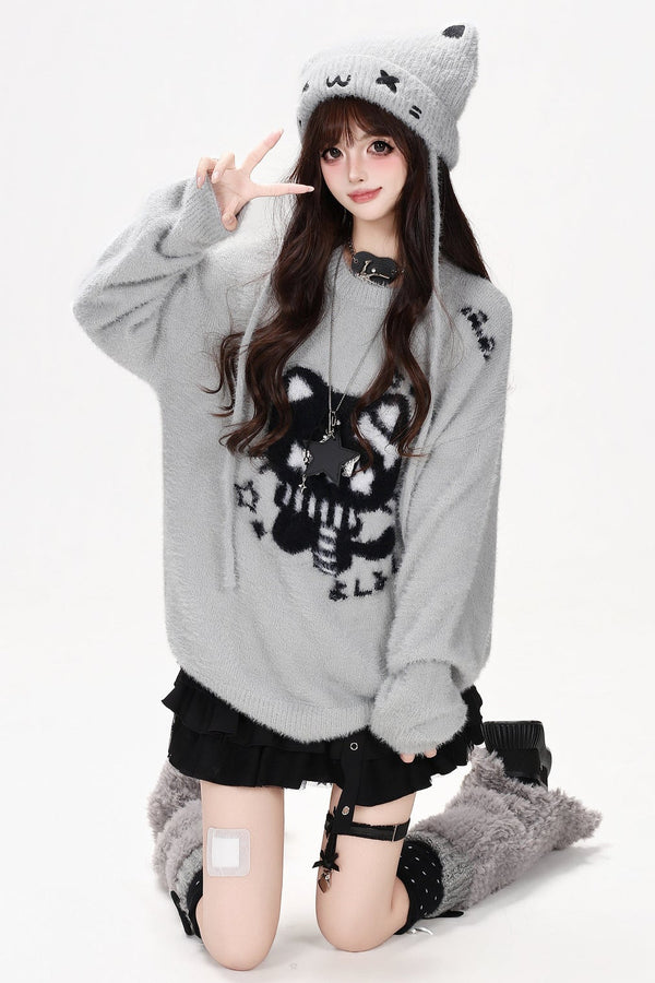 Cat Jacquard Loose Knit Pullover Sweater