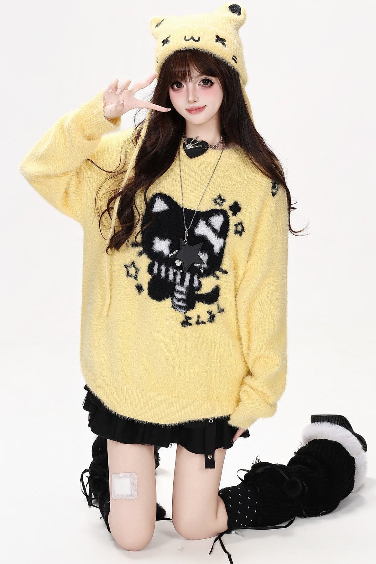 Cat Jacquard Loose Knit Pullover Sweater