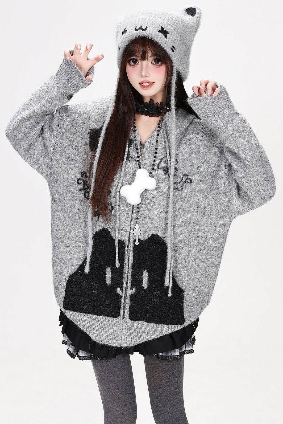 Cardigan en maille à capuche avec poche chat gris