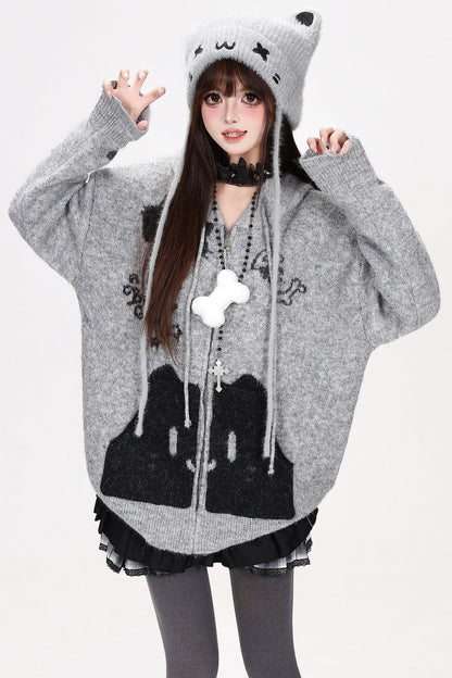 Cardigan en maille à capuche avec poche chat gris