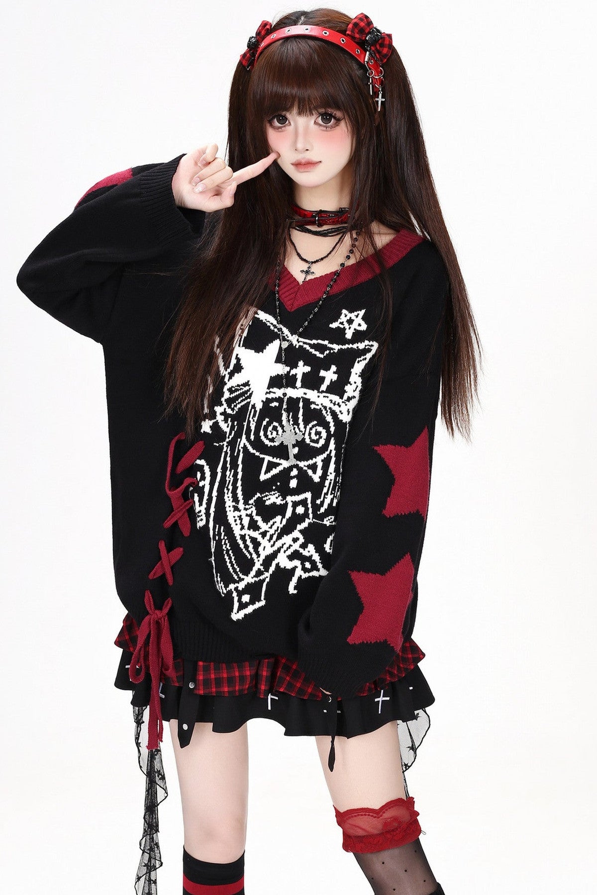 Anime V-Neck Tie Knit Pullover Sweater