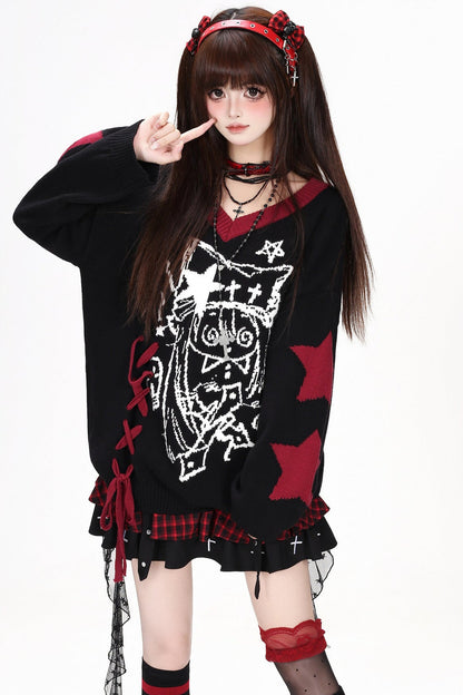 Anime V-Neck Tie Knit Pullover Sweater