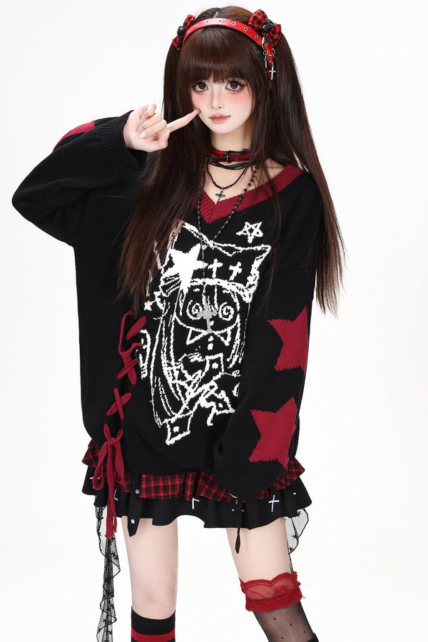 Anime V-Neck Tie Knit Pullover Sweater