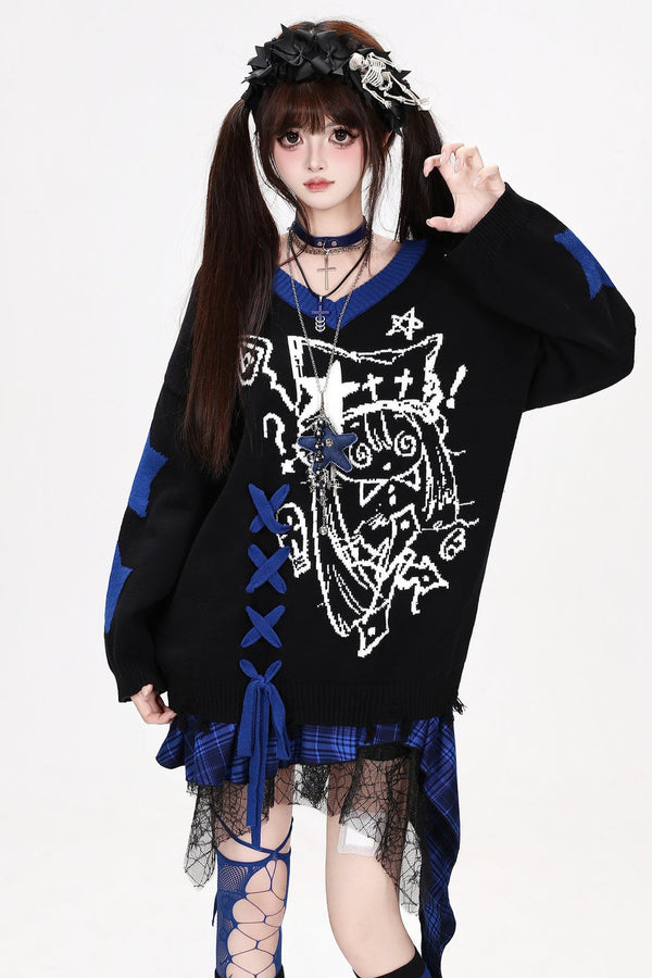 Anime V-Neck Tie Knit Pullover Sweater