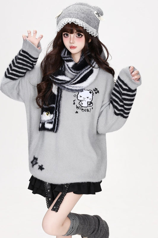 Cat Striped Knit Pullover Sweater