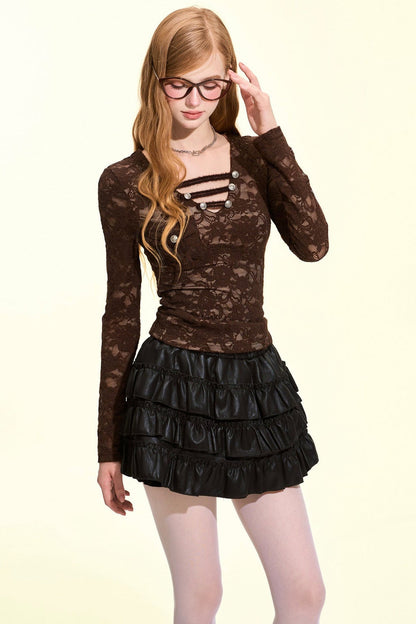 Metal Buckle V-Neck Lace Blouse