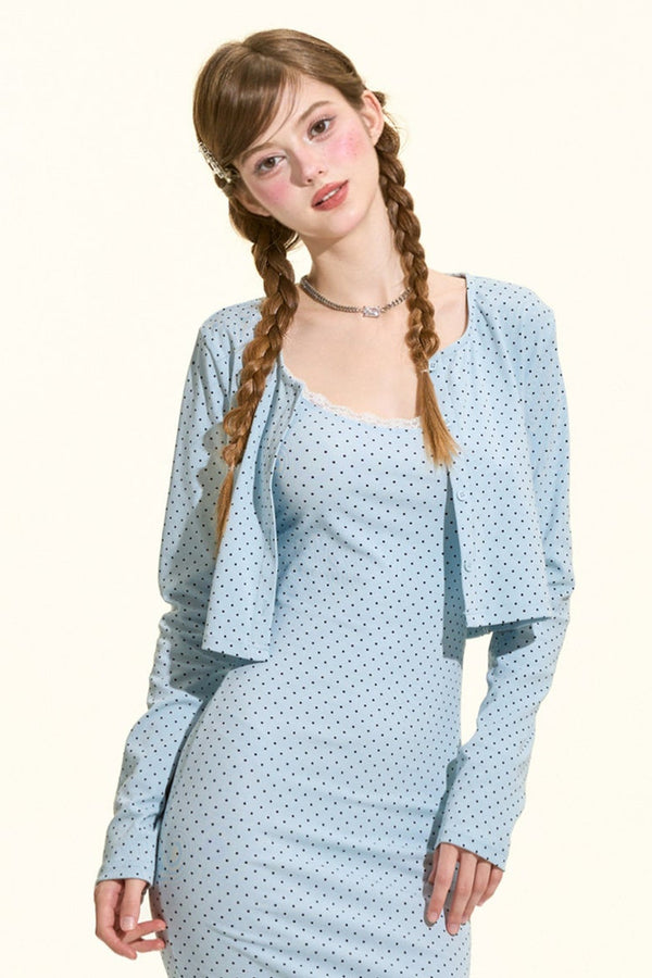 Blue Polka Dot Cami Dress Cardigan Set-Up