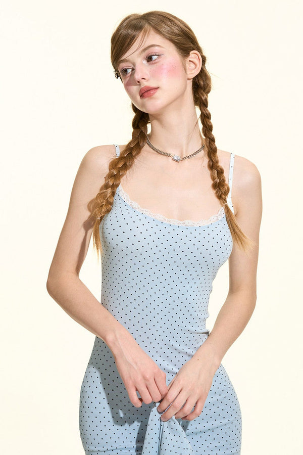 Blue Polka Dot Cami Dress Cardigan Set-Up