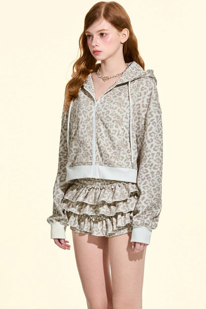 Star Leopard Hoodie Top Skirt Set-Up