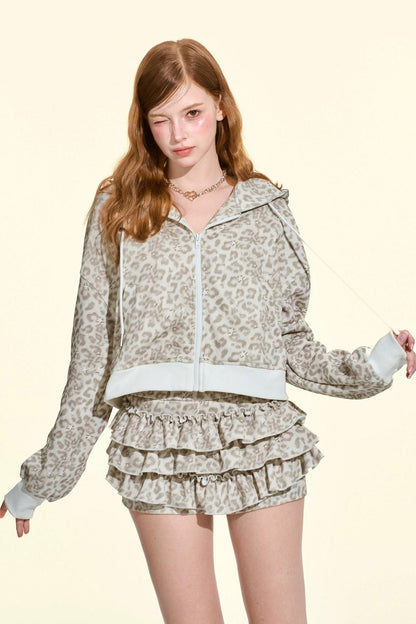 Star Leopard Hoodie Top Skirt Set-Up