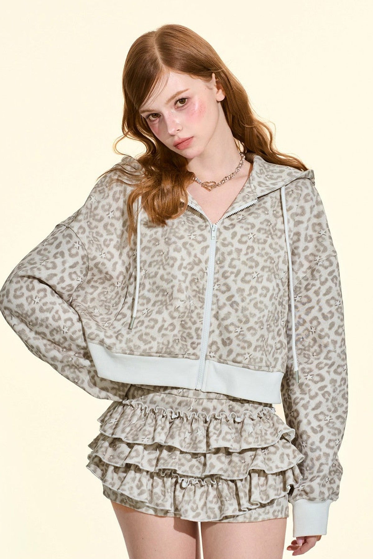 Star Leopard Hoodie Top Skirt Set-Up