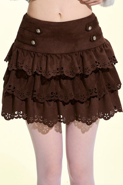 Brown Suede Multi-Layered Ruffle Cake Skirt
