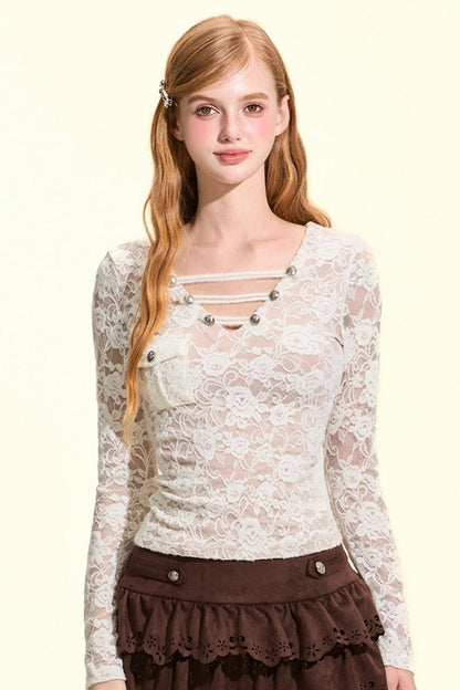 Metal Buckle V-Neck Lace Blouse