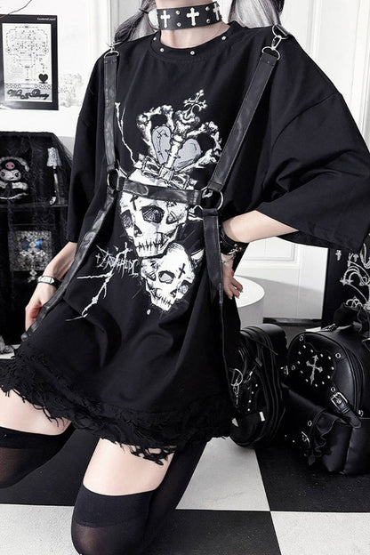 Loose Short-Sleeve Belted Patchwork T-Shirt