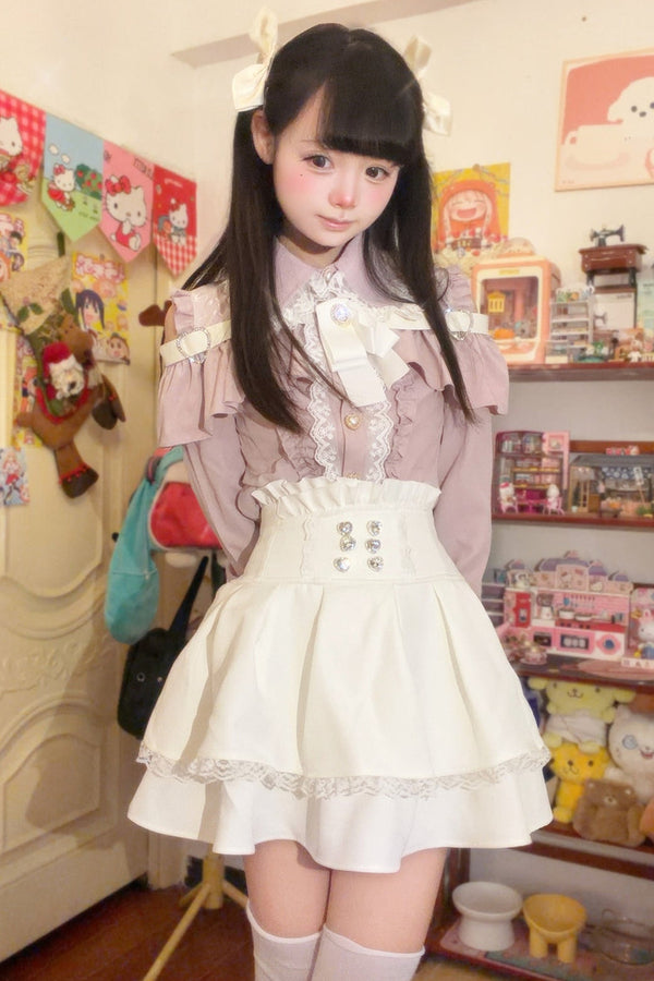 [Pre-order] Cold Shoulder Heart Buckle Long Sleeve Ruffle Lace Blouse with Bow Tie + Lace-Trim Pleated Mini Skirt Set