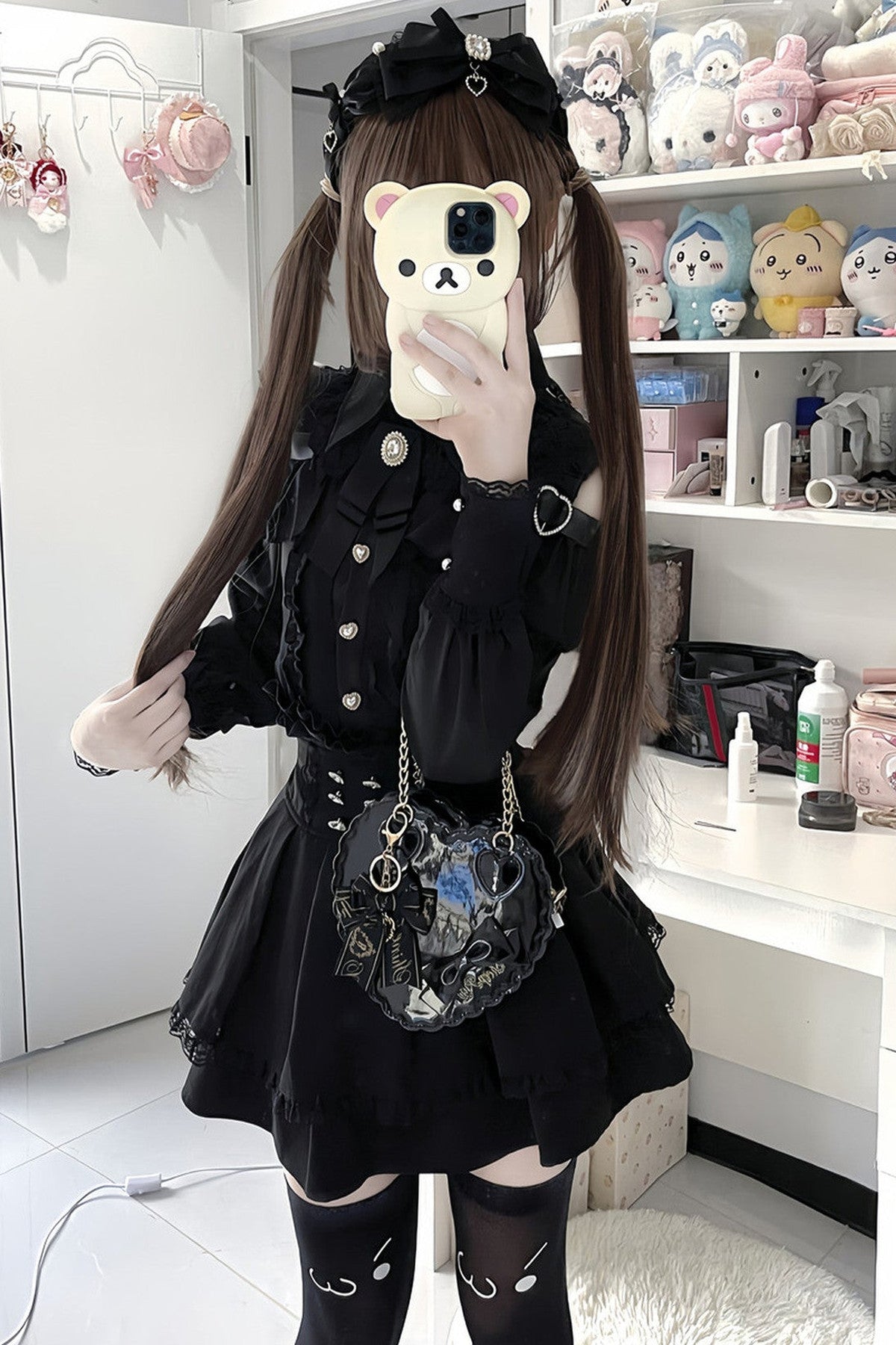 [Pre-order] Cold Shoulder Heart Buckle Long Sleeve Ruffle Lace Blouse with Bow Tie + Lace-Trim Pleated Mini Skirt Set