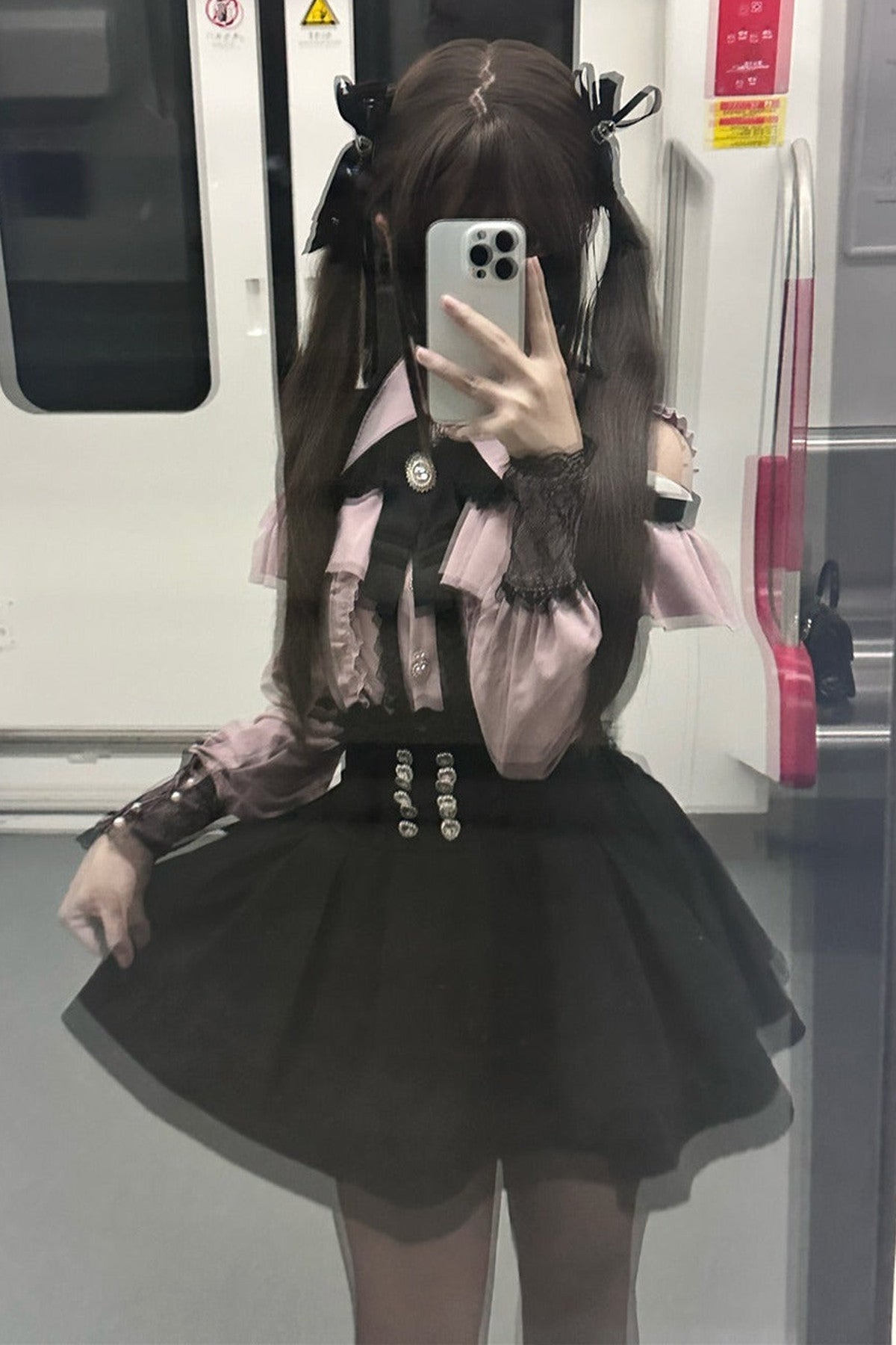 [Pre-order] Cold Shoulder Heart Buckle Long Sleeve Ruffle Lace Blouse with Bow Tie + Lace-Trim Pleated Mini Skirt Set