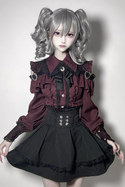 [Pre-order] Cold Shoulder Heart Buckle Long Sleeve Ruffle Lace Blouse with Bow Tie + Lace-Trim Pleated Mini Skirt Set