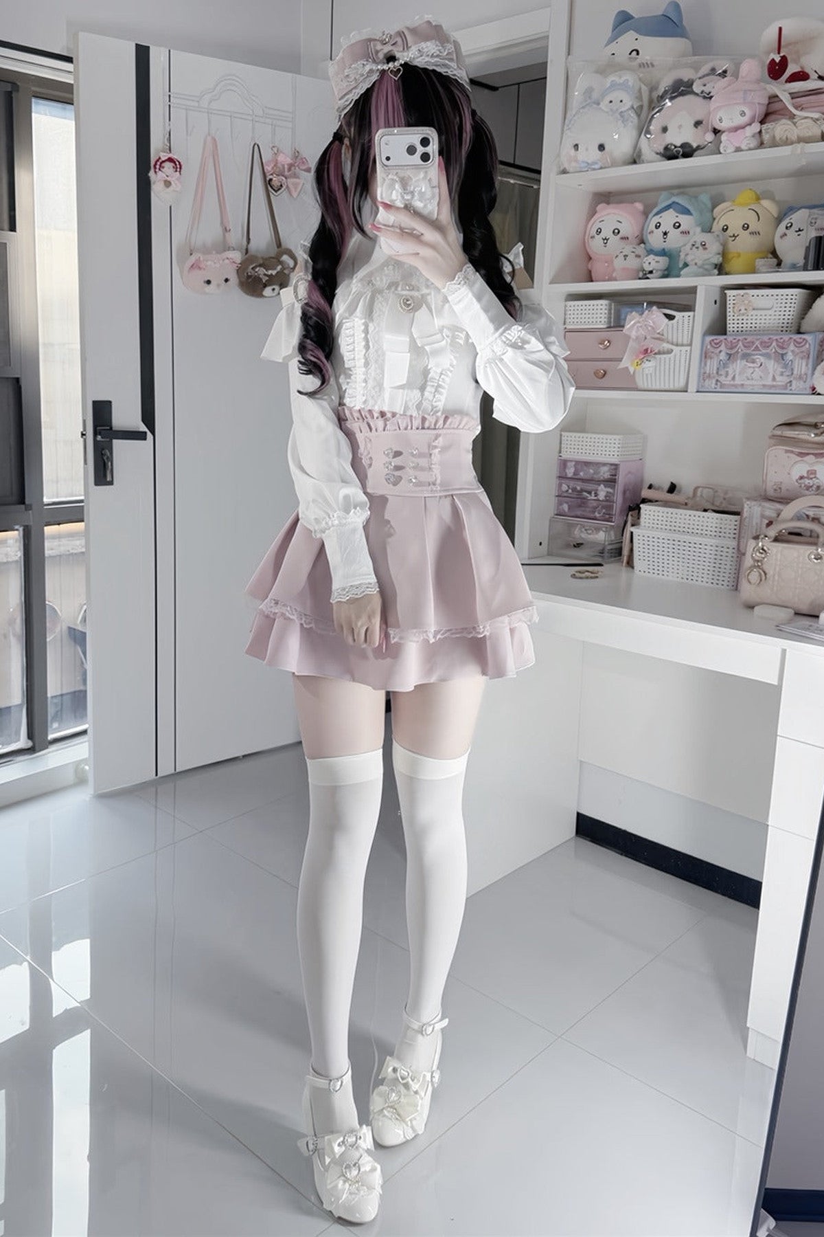 [Pre-order] Cold Shoulder Heart Buckle Long Sleeve Ruffle Lace Blouse with Bow Tie + Lace-Trim Pleated Mini Skirt Set